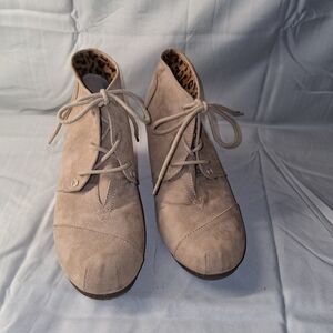 Womens Taupe Suede Wedge Booties with Lace-Up Front